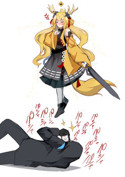 Rule 34 | 1boy, 1girl, absurdres, anger vein, arknights, blonde hair, doctor (arknights), electricity, gameplay mechanics, highres, holding, holding phone, horns, kokihanada, leizi (arknights), leizi the thunderbringer (arknights), lying, male doctor (arknights), on side, panties, pantyshot, phone, taking picture, underwear, white background