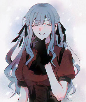 Rule 34 | 1girl, ascot, bang dream!, bang dream! it's mygo!!!!!, black ascot, black corset, black gloves, black ribbon, blue hair, blush, closed eyes, commentary, corset, gloves, hair ribbon, long hair, maybecrosswise, multicolored hair, oblivionis (bang dream!), open mouth, red shirt, ribbon, roots (hair), shirt, short sleeves, sidelocks, smile, solo, togawa sakiko, upper body