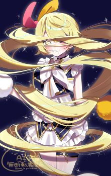 +_+ 1girl alternate_costume black_background black_choker black_vest blonde_hair bloom blunt_bangs blush choker collared_shirt commentary_request cowboy_shot cropped_vest floating_clothes floating_hair frilled_shirt frilled_skirt frilled_sleeves frills fur_wrist_cuffs gold_trim grin hair_ribbon highres hoshikawa_sara idol_clothes jian_jing layered_skirt long_hair looking_at_viewer neck_ribbon nijisanji nijisanji_idol_uniform official_alternate_costume one_eye_closed pink_ribbon ponytail ribbon shirt short_sleeves side_ponytail sidelocks skirt smile solo standing star_(sky) star_(symbol) star_in_eye symbol_in_eye thigh_strap two-tone_ribbon two-tone_wrist_cuffs very_long_hair vest virtual_youtuber white_ribbon white_shirt white_skirt white_wrist_cuffs wrapped_up wrist_cuffs yellow_eyes yellow_ribbon yellow_wrist_cuffs