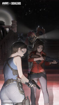 Rule 34 | beretta 92, black shirt, blue eyes, blue skirt, break-action grenade launcher, break action, brown hair, claire redfield, closed mouth, collared shirt, cropped, crossover, denim, flashlight, forehead, goddess of victory: nikke, green eyes, grenade launcher, grey pants, gun, handgun, highres, holding, holding flashlight, holding gun, holding weapon, indoors, jacket, jeans, jill valentine, long hair, long sleeves, looking afar, looking at viewer, m79, medium hair, miranda (nikke), non-web source, pants, pink hair, ponytail, quiry (nikke), red jacket, resident evil, shirt, shotgun, skirt, sleeveless, sleeveless shirt, stairs, standing, twintails, very long hair, walking, weapon, white shirt