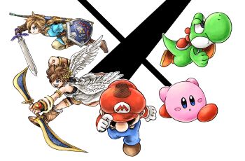ahoge angel angel_wings blue_eyes blush_stickers bow_(weapon) brown_shoes colored_skin facial_hair footprints gloves green_skin hat holding holding_bow_(weapon) holding_sword holding_weapon hylian_shield kicdon kid_icarus kirby kirby_(series) link mario mario_(series) master_sword multiple_boys mustache nintendo palutena_bow_(kid_icarus) pit_(kid_icarus) pointy_ears red_hat shield shoes super_smash_bros. sword the_legend_of_zelda weapon white_gloves wings yoshi