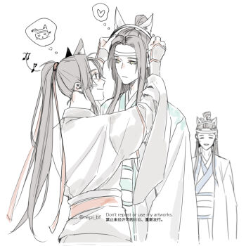 Rule 34 | 3boys, animal ear hairband, animal ears, black hair, black hanfu, blue sash, blush, cat ear hairband, cat ears, chinese clothes, chinese text, closed eyes, closed mouth, commentary request, couple, dressing another, english text, fake animal ears, grey eyes, hair ribbon, hairband, hanfu, headband, heart, holding hairband, lan wangji, long hair, long sleeves, looking at another, male focus, modao zushi, multiple boys, musical note, pale color, ponytail, red ribbon, red sash, ribbon, robe, sash, sidelocks, simple background, sleeves past wrists, smile, speech bubble, thought bubble, topknot, twitter username, wei wuxian, white background, white hanfu, white headband, wide sleeves, yaoi, yellow eyes, ykmr (haga)