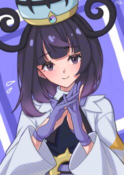 1girl absurdres black_dress black_hair blue_gloves blunt_bangs blush bob_cut closed_mouth coat dress gloves gradient_hair gwynn_(pokemon) hat highres long_sleeves looking_at_viewer mega_stone mochitaro_(mothitaroo) multicolored_hair nintendo open_clothes open_coat partially_fingerless_gloves pokemon pokemon_legends:_z-a purple_eyes purple_hair short_hair smile solo upper_body white_coat