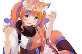 1girl :d ahoge animal_ear_fluff animal_ear_piercing animal_ears apron asymmetrical_sleeves black_choker black_leg_warmers blue_eyes blue_hair blue_nails blush braid cat_ears cat_girl cat_tail chain checkered_clothes choker eyewear_on_head feet_out_of_frame frilled_skirt frills fur_collar fur_leg_warmers gradient_hair gradient_tail hair_ornament highres japanese_clothes kimono kimono_skirt knee_up layered_skirt leg_warmers long_hair long_sleeves looking_at_viewer mismatched_sleeves multicolored_hair multicolored_kimono multicolored_nails multiple_tails nail_polish nekomata nekoyashiki_miku nijisanji obi open_mouth orange-tinted_eyewear orange_hair paw_pose paw_print red_hair red_kimono red_nails red_thighhighs rope sash shimenawa simple_background sitting skirt smile solo star-shaped_eyewear star_(symbol) streaked_hair sunglasses tail thighhighs tinted_eyewear twintails twintails_with_braided_base two_tails user_ztfz4432 virtual_youtuber waist_apron white_apron white_background white_kimono wide_sleeves