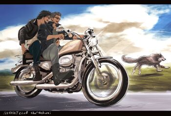 2boys arm_around_waist beard_stubble black_boots black_border black_hair black_jacket black_pants boots border brown_hair cidolfus_telamon clive_rosfield commentary english_commentary facial_hair final_fantasy final_fantasy_xvi full_body grey_pants grey_shirt hair_slicked_back highres jacket laughing letterboxed male_focus midriff_peek motor_vehicle motorcycle multiple_boys on_motorcycle open_mouth outdoors pants riding running sakurai_shushushu shirt short_hair smile stubble sunglasses torgal white_shirt wolf yaoi