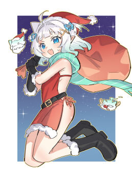 1girl absurdres ahoge alternate_costume apron aqua_scarf armpit_crease ass backless_outfit bare_shoulders belt black_belt black_boots black_gloves blue_bow blue_eyes blush boots bow breasts commentary densetsu.exe english_commentary fake_facial_hair fake_nose fang from_side fur-trimmed_headwear fur_trim gloves gradient_hair green_hair hair_ornament hashtag-only_commentary hat highres holding holding_sack jumping legs_up looking_at_viewer maplesights mint_fantome multicolored_hair naked_apron night open_mouth red_apron sack santa_costume santa_hat scarf sideboob skin_fang sky star_(sky) starry_sky striped_clothes striped_scarf sweatdrop thighs triangular_headpiece two_side_up vertical-striped_clothes vertical-striped_scarf virtual_youtuber white_hair wisps_(mint_fantome) x_hair_ornament