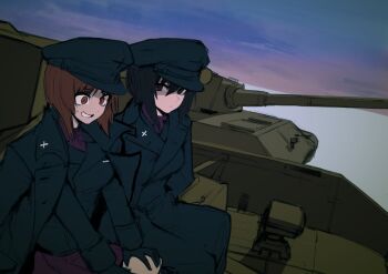 2girls black_jacket breasts brown_eyes brown_hair collared_shirt dated day girls_und_panzer hair_between_eyes hands_in_pockets hat j.k. jacket jacket_on_shoulders kuromorimine_military_uniform large_breasts long_sleeves looking_at_viewer military military_hat military_uniform military_vehicle motor_vehicle multiple_girls nervous_smile nishizumi_maho nishizumi_miho outdoors pleated_skirt red_shirt red_skirt ringed_eyes shirt short_hair sitting sketch skirt sky smile sweatdrop tank winter