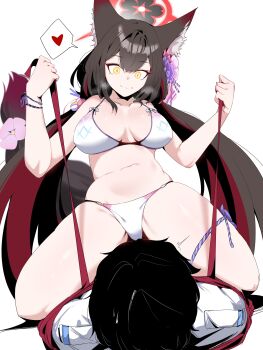 1boy 1girl absurdres animal_ear_fluff animal_ears bdsm bikini black_hair blue_archive bondage bound breasts brown_hair collarbone fox_ears fox_tail girl_on_top halo heart hetero highres large_breasts long_hair low_twintails plentyofempty restrained sensei_(blue_archive) simple_background sitting sitting_on_person spoken_heart straddling swimsuit tail twintails very_long_hair wakamo_(blue_archive) wakamo_(swimsuit)_(blue_archive) white_background white_bikini