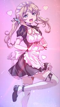 1girl :d apron black_choker black_shoes blonde_hair blue_eyes boku_wa_tomodachi_ga_sukunai breasts butterfly_hair_ornament choker cleavage commentary_request fang foot_out_of_frame frilled_choker frills hair_ornament heart heart_hands highres kashiwazaki_sena large_breasts long_hair looking_at_viewer maid maid_headdress moe_moe_kyun! official_alternate_costume official_alternate_hairstyle official_artist_extra open_mouth ribbon ribbon-trimmed_thighhighs ribbon_trim shoes short_sleeves smile standing standing_on_one_leg thighhighs tray twintails waist_apron watanabe_yoshihiro white_apron white_thighhighs wrist_ribbon zettai_ryouiki