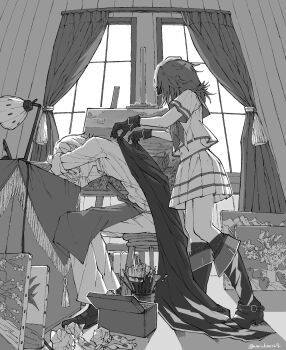 1boy 1girl admiral_(kancolle) apron boots canvas_(object) cape commentary_request curtains desk easel from_side gloves greyscale hat highres indoors kantai_collection kiso_(kancolle) kiso_kai_ni_(kancolle) knee_boots monochrome narukan paintbrush pleated_skirt profile short_sleeves sitting skirt stool twitter_username window