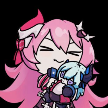 &gt;_&lt; 1girl animated animated_gif black_gloves closed_eyes closed_mouth doll dress fang gloves hair_ornament honkai_(series) honkai_impact_3rd horns liliya_olenyeva long_hair hugging_object pink_hair rozaliya_olenyeva sevensietea-ndra single_horn smile solo transparent_background