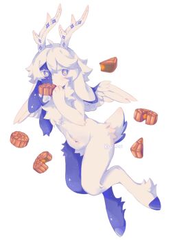 1other androgynous animal_ears animal_feet animal_hands antlers blue_eyes blue_fur check_food choco_pie commentary deer_antlers deer_ears deer_tail digitigrade food food_request furry highres holding holding_food hooves horns neku_boo original other_focus pastry short_hair simple_background solo sora_(neku_boo) star-shaped_pupils star_(symbol) symbol-only_commentary symbol-shaped_pupils tail two-tone_fur white_background white_fur white_hair