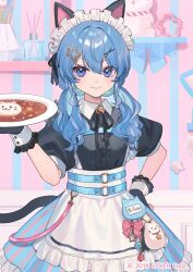 Rule 34 | 1girl, alternate costume, animal ears, apron, bell, black gloves, black ribbon, black shirt, blue eyes, blue hair, blue skirt, blush, cat ears, center frills, closed mouth, collared shirt, cowboy shot, enmaided, fake animal ears, fingerless gloves, frilled apron, frilled shirt, frilled skirt, frills, gloves, hair between eyes, hair ornament, hair over shoulder, hair ribbon, hand on own hip, holding, holding plate, hololive, hoshimachi suisei, jingle bell, long hair, looking at viewer, low twintails, maid, maid headdress, name tag, neck bell, neck ribbon, pink skirt, plate, pleated skirt, puffy short sleeves, puffy sleeves, ribbon, shirt, short sleeves, shugao, sidelocks, skirt, smile, solo, star (symbol), star hair ornament, striped clothes, striped skirt, twintails, two-tone skirt, virtual youtuber, watermark, white apron, white wrist cuffs, wrist cuffs
