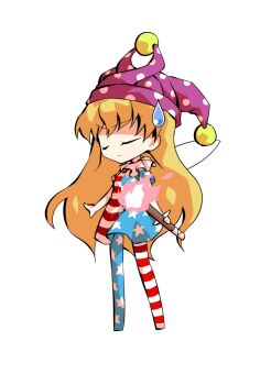 1girl american_flag american_flag_dress american_flag_legwear american_flag_print blonde_hair chibi chibi_only clownpiece commentary_request dairi fairy_wings flag_print full_body hat holding holding_torch jester_cap large_variant_set long_hair no_shoes pantyhose polka_dot_headwear purple_hat short_sleeves simple_background solo tachi-e torch touhou transparent_background variant_set wings