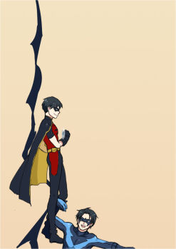 1boy animification batman_(series) black_hair black_mask dc_comics dick_grayson domino_mask eye_mask hologram mask multicolored_bodysuit multiple_persona nightwing pants phenan robin_(dc) short_hair simple_background smile solo superhero_costume trust_me_(durarara!!) two-tone_bodysuit two-tone_cape wrist_computer young_justice