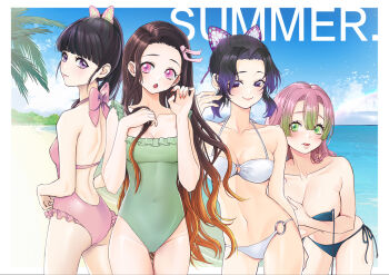 4girls arm_behind_back ass backless_swimsuit beach bent_over bikini black_hair blonde_hair blue_bikini blunt_bangs border bow breasts brown_hair butterfly_hair_ornament casual_one-piece_swimsuit cleavage closed_mouth collarbone contrapposto covered_navel cowboy_shot crossed_arms frilled_one-piece_swimsuit frills gluteal_fold gradient_hair green_eyes green_hair green_one-piece_swimsuit hair_between_eyes hair_intakes hair_ornament hair_ribbon halterneck high_ponytail highleg highleg_one-piece_swimsuit kamado_nezuko kanroji_mitsuri kimetsu_no_yaiba koban7513 kochou_shinobu long_hair looking_at_viewer medium_breasts mole mole_under_eye multicolored_hair multiple_girls nail_polish navel o-ring o-ring_bikini o-ring_bottom ocean one-piece_swimsuit open_clothes open_mouth palm_tree photoshop_(medium) pink_bow pink_eyes pink_hair pink_one-piece_swimsuit pink_ribbon ponytail purple_eyes purple_hair red_nails ribbon short_hair shoulder_blades side-tie_bikini_bottom smile standing summer swimsuit thigh_gap tongue tongue_out tree tsuyuri_kanao untied_bikini very_long_hair white_bikini white_border