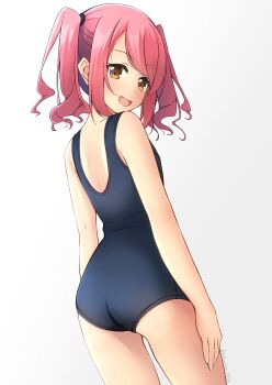 1girl ass bare_arms brown_eyes commentary_request fang flat_chest highres looking_at_viewer looking_back one-piece_swimsuit original pink_hair school_swimsuit shibacha smile solo swimsuit twintails white_background