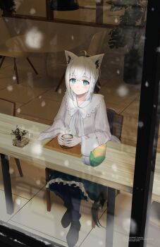 1girl absurdres ahoge animal_ears arm_rest artist_name beret black_boots black_hat blender_(medium) blue_eyes blush boots bow bowtie cafe chair closed_mouth coffee_mug commentary_request cup fox_ears fox_girl fox_tail from_outside full_body green_skirt hat highres holding holding_cup hololive long_sleeves looking_at_viewer mascot mug official_alternate_costume on_chair shirakami_fubuki shirakami_fubuki_(street) shirata98 shirt short_hair sitting skirt smile snowing solo sukonbu_(shirakami_fubuki) table tail virtual_youtuber watermark white_bow white_bowtie white_hair white_shirt wide_sleeves window