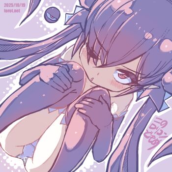 1girl ;o backbeako_(torotei) backbeard black_gloves black_hair black_ribbon black_thighhighs blush commentary dated dated_commentary dutch_angle elbow_gloves gegege_no_kitarou gloves hair_over_one_eye hair_ribbon hands_on_own_knees hugging_own_legs kono_lolicon_domome loli long_hair looking_at_viewer one_eye_closed original paid_reward_available panties pink_background pointy_ears red_eyes ribbon simple_background sitting solo thighhighs topless_female torotei translated twintails underwear watermark web_address white_panties