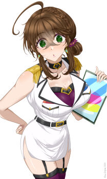 Rule 34 | 1girl, ahoge, black choker, bra, breast pocket, breasts, brown hair, chamumi (mochiumee), choker, commentary request, epaulettes, female admiral (kancolle), fingerless gloves, folded ponytail, garter belt, gloves, green eyes, hand on own hip, highres, holding, holding tablet pc, ipad, jacket, kantai collection, large breasts, looking at viewer, military jacket, miniskirt, mole, mole on breast, mole on thigh, mole under mouth, open mouth, pencil skirt, pocket, sidelocks, simple background, skirt, sleeveless, solo, tablet pc, thighhighs, underwear, white background, white gloves, white jacket