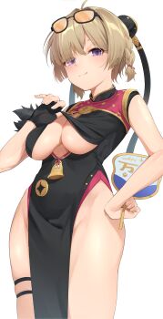 1girl absurdres bare_hips bell black_dress black_gloves blush braid breasts brown_eyes china_dress chinese_clothes closed_mouth clothes_pull clothing_cutout commentary cutout_above_navel dress eyewear_on_head fingerless_gloves gloves hair_intakes hair_over_one_eye hand_fan hand_on_own_hip highres holding holding_fan jingle_bell kidovie large_breasts looking_at_viewer orange-tinted_eyewear pelvic_curtain pulling_own_clothes purple_eyes side_braids simple_background single_fingerless_glove smile solo strapless sunglasses sweety_(zenless_zone_zero) thighs tinted_eyewear tuanshan underboob underboob_cutout white_background zenless_zone_zero