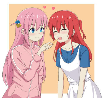 2girls :d absurdres blue_eyes blush bocchi_the_rock! closed_mouth commentary cube_hair_ornament dress english_commentary feeding food french_fries gotoh_hitori hair_ornament highres kita_ikuyo kurofuro leaning_forward long_hair multiple_girls one_side_up open_mouth pinafore_dress pink_track_suit red_hair short_sleeves side_ahoge sleeveless sleeveless_dress smile track_suit white_dress yuri