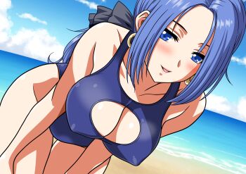 Rule 34 | 1girl, beach, blue eyes, blue hair, blue one-piece swimsuit, breasts, circle cutout, cleavage cutout, clothing cutout, competition swimsuit, cowboy shot, dragon quest, dragon quest iii, earrings, highres, horizon, jewelry, large breasts, leaning forward, long hair, low ponytail, ocean, one-piece swimsuit, ponytail, ruida, solo, swimsuit, thigh gap, yuuyuu (3jjbn)