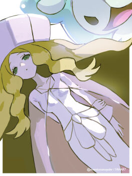 1girl blonde_hair caitlin_(pokemon) cape closed_mouth commentary dress eyelashes gen_5_pokemon green_eyes hand_on_own_arm hat highres large_hat long_sleeves mayotsunamayo nintendo parted_bangs pokemon pokemon_(creature) pokemon_bw reuniclus see-through_cape sidelocks twitter_username watermark white_dress white_hat