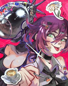 absurdres bandaid bandaid_on_face black_choker blush bomb bomb_devil_(chainsaw_man) chainsaw_devil chainsaw_man choker coffee collared_shirt commentary english_commentary explosive flower green_eyes hair_ornament heart highres looking_at_viewer pochita_(chainsaw_man) purple_hair reze_(chainsaw_man) shirt solo_focus star_(symbol) sticker stiflart teeth tongue tongue_out white_shirt