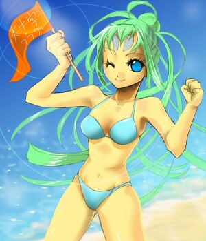 00s bikini blue_bikini demonbane elsa green_hair pointy_ears solo swimsuit