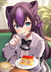 Rule 34 | 1girl, absurdres, black bow, black bowtie, blue eyes, blurry, blurry background, blush, bow, bowtie, braid, brown hair, cake, coffee, coffee cup, commentary request, commission, cup, disposable cup, food, fork, fruit, hair between eyes, highres, holding, holding fork, holding plate, indoors, kaigan, long hair, long sleeves, looking at viewer, multicolored hair, original, plate, purple hair, skeb commission, solo, strawberry, two-tone hair, utensil in mouth