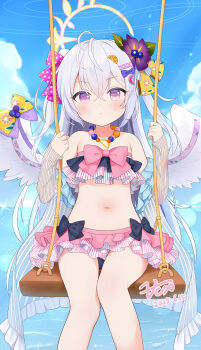 Rule 34 | 1girl, angel wings, azusa (blue archive), azusa (swimsuit) (blue archive), bikini, bikini skirt, blue archive, blue sky, bow on wing, cloud, crescent halo, feathered wings, flower, food-themed hair ornament, food print, frilled bikini, frills, fruit print, hair between eyes, hair flower, hair ornament, halo, highres, long hair, looking at viewer, make-up work club (blue archive), official alternate costume, orange hair ornament, orange print, ribbon-trimmed bikini, ribbon-trimmed swimsuit, ribbon trim, sitting, sky, solo, strapless, strapless bikini, swimsuit, watermelon hair ornament, white hair, white wings, winged halo, wings, yellow halo, zcx