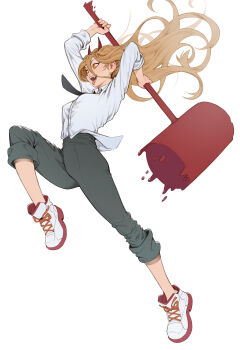 1girl blonde_hair chainsaw_man cheshirrr demon_girl demon_horns fangs hemokinesis high-waist_pants highres holding holding_mallet horns incoming_attack mallet necktie no_socks pants power_(chainsaw_man) red_horns sharp_teeth shirt_partially_tucked_in shoes simple_background sneakers solo teeth tongue tongue_out yellow_eyes