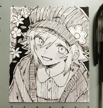 Rule 34 | 1boy, basil (birthday) (omori), basil (faraway) (omori), basil (omori), blush, cardigan, collared shirt, commentary, double-parted bangs, greyscale, hair between eyes, hat, highres, labo 9696, looking at viewer, male focus, monochrome, newsboy cap, official alternate costume, omori, open cardigan, open clothes, open mouth, photo (medium), shirt, short hair, sidelocks, smile, solo, symbol-only commentary, traditional media, upper body