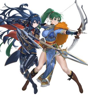 2girls armor arrow_(symbol) attack belt blue_eyes blue_gloves blue_hair boots bow_(weapon) brand_of_the_exalt breastplate breasts drawing_bow earrings fingerless_gloves fire_emblem fire_emblem:_the_blazing_blade fire_emblem_awakening fire_emblem_heroes gloves green_eyes green_hair highres holding holding_bow_(weapon) holding_polearm holding_weapon jewelry large_breasts long_hair lucina_(brave_princess)_(fire_emblem) lucina_(fire_emblem) lyn_(brave_lady)_(fire_emblem) lyn_(fire_emblem) multiple_girls nintendo non-web_source o-ring o-ring_belt official_alternate_costume official_art pelvic_curtain polearm ponytail shield tiara very_long_hair weapon