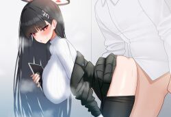 Rule 34 | 1boy, 1girl, absurdres, black hair, black nails, black pantyhose, blue archive, blush, breasts, clothes pull, fingernails, hair ornament, hairpin, halo, highres, holding, holding tablet pc, large breasts, long hair, long sleeves, mijikayo, nail polish, pantyhose, pantyhose pull, red eyes, ribbed sweater, ringed eyes, rio (blue archive), sensei (blue archive), sex, sweater, tablet pc, white sweater