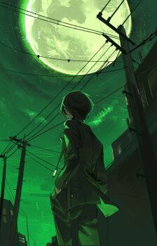 Rule 34 | 1boy, absurdres, building, clar sona, from behind, full moon, gekkoukan high school uniform, green sky, hand in pocket, highres, jacket, long sleeves, male focus, moon, mp3 player, night, outdoors, persona, persona 3, power lines, school uniform, sky, solo, utility pole, yuuki makoto (persona 3)