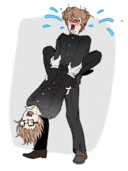 2boys brown_hair carrying carrying_person closed_eyes flying_sweatdrops freckles gakuran glasses gloves grey_background hashtag-only_commentary highres male_focus multiple_boys randal&#039;s_friends randal_ivory school_uniform sebastian_de_tomato_smith_chicken_legs short_hair soulsk standing tongue tongue_out white_gloves