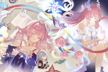 Rule 34 | 2girls, absurdres, amphoreus (honkai: star rail), bare shoulders, book, breasts, bug, butterfly, character doll, chinese commentary, coat, commentary request, cyrene (aedes elysiae) (honkai: star rail), cyrene (honkai: star rail), cyrene (ripples of past reverie) (honkai: star rail), doll, dress, dual persona, highres, holding, holding book, honkai: star rail, honkai (series), insect, jewelry, little ica (honkai: star rail), long hair, medium breasts, mobius strip, multiple girls, necklace, pink hair, purple coat, purple eyes, puzzle piece, short hair, sleeping, smile, stelle (honkai: star rail), trailblazer (honkai: star rail), very long hair, white dress, xi wu yogurt