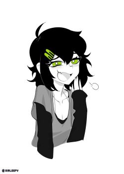 1girl :d \||/ absurdres aged_down ahoge aierlaobo arm_at_side bra_strap bright_pupils collarbone commentary cropped_torso double-parted_bangs english_commentary fang fingernails flat_chest green_eyes greyscale hair_between_eyes hair_ornament hairclip hand_up highres layered_sleeves long_sleeves looking_ahead mesugaki mesugaki_pose monochrome open_mouth parallel_hairclips raised_inner_eyebrows renee_graves shirt short_hair short_over_long_sleeves short_sleeves simple_background skin_fang sleeves_past_wrists smile solo spot_color the_coffin_of_andy_and_leyley tongue twitter_username white_background