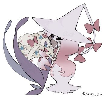 2girls alternate_color big_hair black_sclera blue_eyes bow chibi colored_sclera colored_skin eyeshadow florges florges_(white_flower) full_body gen_6_pokemon gen_8_pokemon grey_hair hair_bow hat hatterene highres hug leotard long_hair looking_at_another makeup monster_girl multicolored_hair multiple_girls multiple_hair_bows nintendo pink_bow pink_hair plant_girl pokemon pokemon_(creature) prehensile_hair purple_eyeshadow purple_leotard shiny_pokemon simple_background standing torori_toro_(oimo_kenpi) white_background white_eyes white_hair white_skin witch_hat