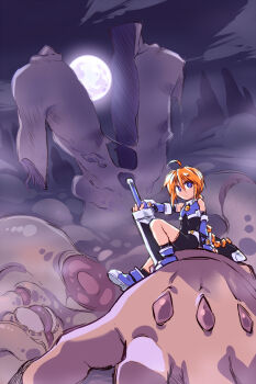 1girl after_battle ahoge blonde_hair blue_eyes blue_shoes braid commentary_request elbow_gloves fingerless_gloves full_moon giant girl_with_a_blonde_braid_(tomoshibi_hidekazu) gloves greatsword hair_between_eyes highres monster moon night original outdoors planted planted_sword planted_weapon scabbard severed_arm severed_limb sheath shoes single_braid sitting solo sword tomoshibi_hidekazu weapon