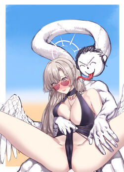1boy 1girl aviator_sunglasses bare_shoulders black_one-piece_swimsuit blue_archive blush breasts brown-tinted_eyewear brown_eyes cameltoe cleavage doodle_sensei_(blue_archive) feathered_wings grey_hair halo high_ponytail highres large_breasts long_hair long_neck long_tongue nagisa_(blue_archive) nagisa_(swimsuit)_(blue_archive) one-piece_swimsuit ponytail sensei_(blue_archive) sidelocks smile spread_legs sunglasses swimsuit thighs tinted_eyewear tongue wedgie wings yand