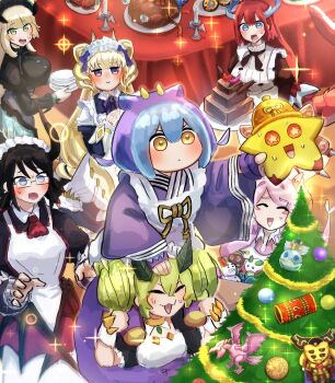 6+girls absurdres apron black_hair black_tail black_wings blonde_hair blue_eyes blue_hair blue_kimono blush breasts cake candle candlestand chamber_dragonmaid chocolate_cake christmas christmas_ornaments christmas_tree coin decorating_christmas_tree dragon_girl dragon_horns dragon_tail dragon_wings duel_monster eastern_dragon_horns eldlich_the_golden_lord food glasses green_eyes green_hair hair_between_eyes hatano_kiyoshi highres holding holding_plate horns house_dragonmaid japanese_clothes kimono kitchen_dragonmaid lace-trimmed_apron lace_trim lady's_dragonmaid large_breasts laundry_dragonmaid long_hair long_sidelocks magic_cylinder maid maid_apron maid_headdress medium_hair mixed_maids multicolored_hair multiple_girls mystic_tomato nurse_dragonmaid on_shoulder open_mouth parlor_dragonmaid performapal_kuribohble pink_hair pink_tail plate purple_eyes purple_hair purple_ribbon purple_tail rectangular_eyewear red_hair red_tail ribbon seiyaryu short_hair sidelocks snow_rabbit snowman_eater sparkle sweat tail tinsel tree_ornament turkey_(food) twintails two-tone_hair wa_maid wide_sleeves windwitch_-_diamond_bell wings yellow_eyes yu-gi-oh!