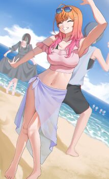 Rule 34 | 3girls, absurdres, barefoot, beach, black dress, black hair, black shorts, blue hair, blue sky, breasts, closed eyes, cloud, cloudy sky, day, dress, eyewear on head, feet, gradient hair, grey hair, grey tank top, grin, herzu, highres, hiodoshi ao, hololive, hololive dev is, ichijou ririka, juufuutei raden, large breasts, multicolored hair, multiple girls, navel, ocean, orange hair, outdoors, pink hair, purple sarong, sand, sarong, shorts, sky, smile, standing, sundress, sunglasses, tank top, teeth, virtual youtuber