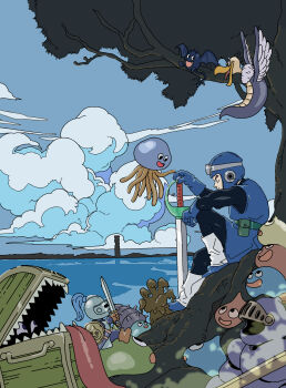 absurdres character_request closed_mouth cloud dracky dragon_quest dragon_quest_ii gloves goggles goggles_on_headwear highres kojima_takashi male_focus monster open_mouth prince_of_lorasia slime_(dragon_quest) slime_knight smile sword tower weapon