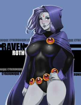 1girl bindi character_name cloak colored_skin dc_comics female_focus grey_skin hand_on_own_hip leotard purple_hair raven_(dc) simple_background solo teen_titans