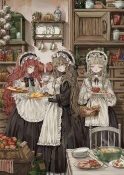3girls apple apron bag basket black_bow black_bowtie black_dress black_skirt blonde_hair blunt_bangs book bottle bow bowtie braid bread bread_slice brown_eyes brown_hair capelet chair chest_of_drawers closed_eyes closed_mouth cloth commentary cooking_pot cup dress eyelashes food fried_egg frilled_apron frilled_capelet frilled_dress frills fruit garlic grapes hair_between_eyes highres holding holding_saucer holding_tray indoors jar long_dress long_hair long_skirt looking_at_viewer looking_to_the_side maid maid_headdress meat multiple_girls original paper_bag picnic_basket plant plate potato potted_plant puffy_sleeves pumpkin red_hair saika_usagi sandwich saucer shirt sidelocks skewer skirt sleeve_cuffs smile standing steam stew strawberry table tea teacup tomato tomato_slice tray turning_head twin_braids very_long_hair wavy_hair white_apron white_capelet white_shirt