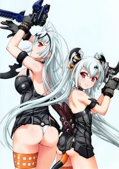 2girls absurdres age_progression albino alice_(queen&#039;s_gate) anal_tail armband ass bat_hair_ornament belt belt_skirt black_gloves breasts butt_plug fake_tail female_focus gloves gun hair_ornament handgun highres long_hair mauser_c96 multiple_girls official_art queen&#039;s_blade queen&#039;s_gate red_eyes sex_toy tail twintails very_long_hair weapon white_hair