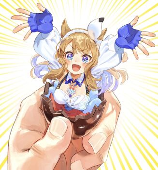 1girl 1other :d almond_eye_(umamusume) animal_ears blue_eyes blue_gloves bow_hairband breasts brown_hair chocolate cleavage colored_inner_hair commentary_request emphasis_lines fingerless_gloves food gloves hairband hakoneko_(marisa19899200) highres holding holding_chocolate holding_food horse_ears horse_girl long_hair long_sleeves looking_at_viewer mini_person minigirl multicolored_hair open_mouth out_of_frame purple_hair simple_background smile solo_focus symbol-shaped_pupils umamusume white_background white_hairband x-shaped_pupils